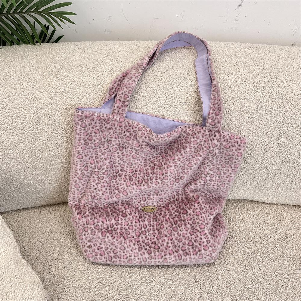 Korean Leopard Print Double-sided Plush Women's Shoulder Bags Large Capacity Female Shopping Bag Casual Versatile Ladies Handbag