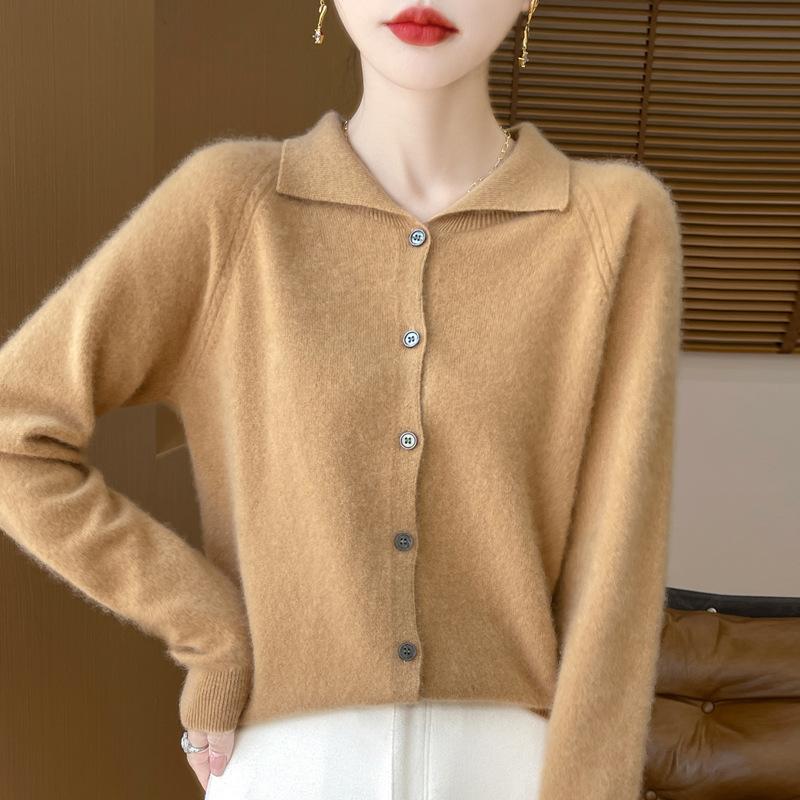 Autumn and Winter Style Doll Collar Versatile Women's Loose Pure Wool Cardigan Age-reducing Top Polo Collar Sweater Knitted Sweater