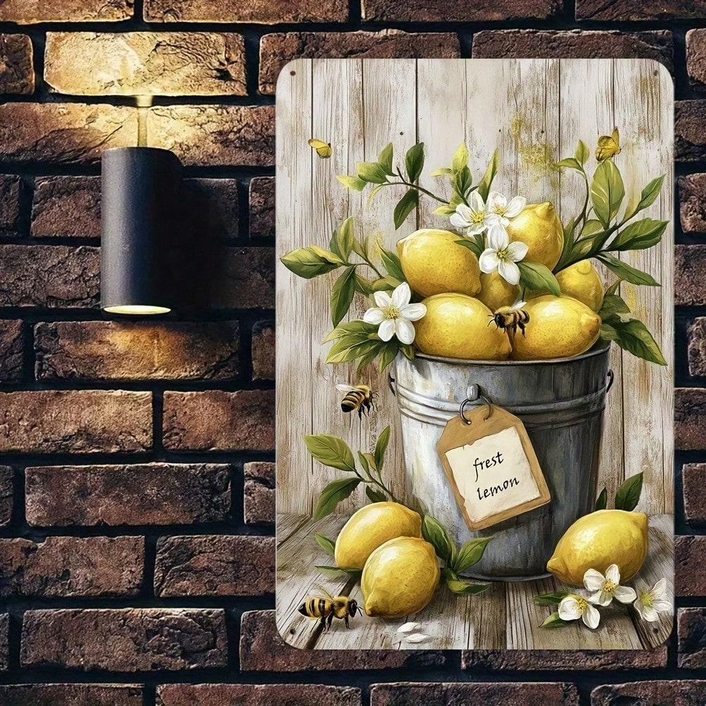 8x12 Inch Rustic Lemon Metal Sign, Vintage Iron Wall Art, Farmhouse Decor with Yellow Lemons