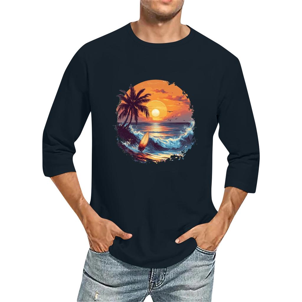 Camiseta de manga tres cuartos con cuello redondo y color liso para hombre