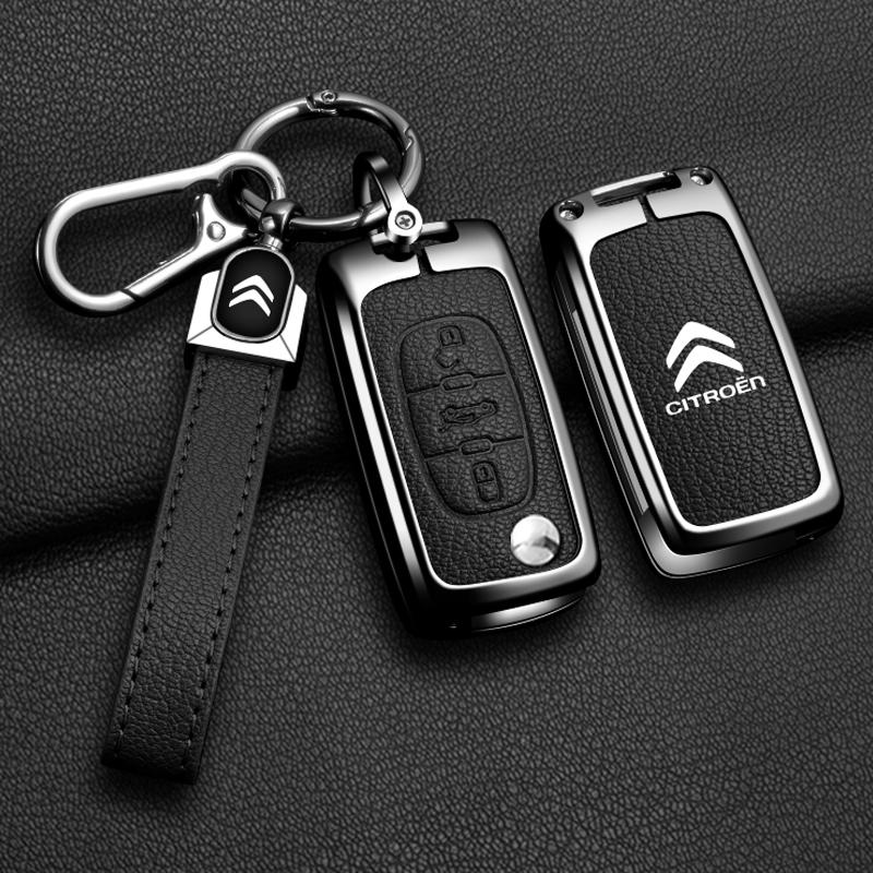 Custodia Protettiva Guscio Portachiavi Fob in Metallo e Pelle per Chiave a Flip per Auto Citroen C2 C3 C4 C5 C6 C8 Xsara Picasso Berlingo