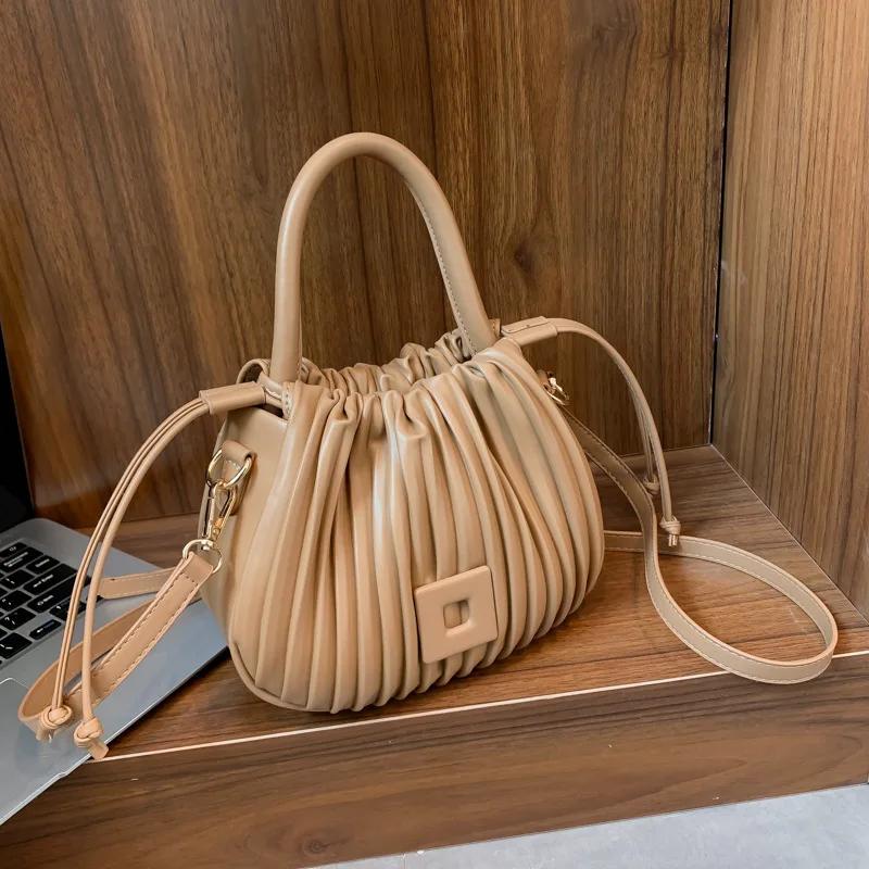 Plissé PU Bucket Bag for Women  Chic Design  Office Lady  Shoulder Messenger Bag  High Quality