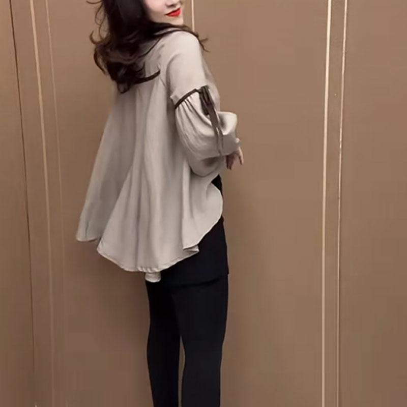 Preppy Style Commute Lantern Sleeve Shirt Spring Autumn Lapel Women's Clothing Single-breasted Fashion Spliced Drawstring Blouse