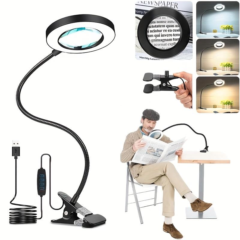 LED Magnifying Lamp with Clip, 10x Magnification, 3 Color Modes, Adjustable Brightness, Flexible for Reading, Painting, Crafting