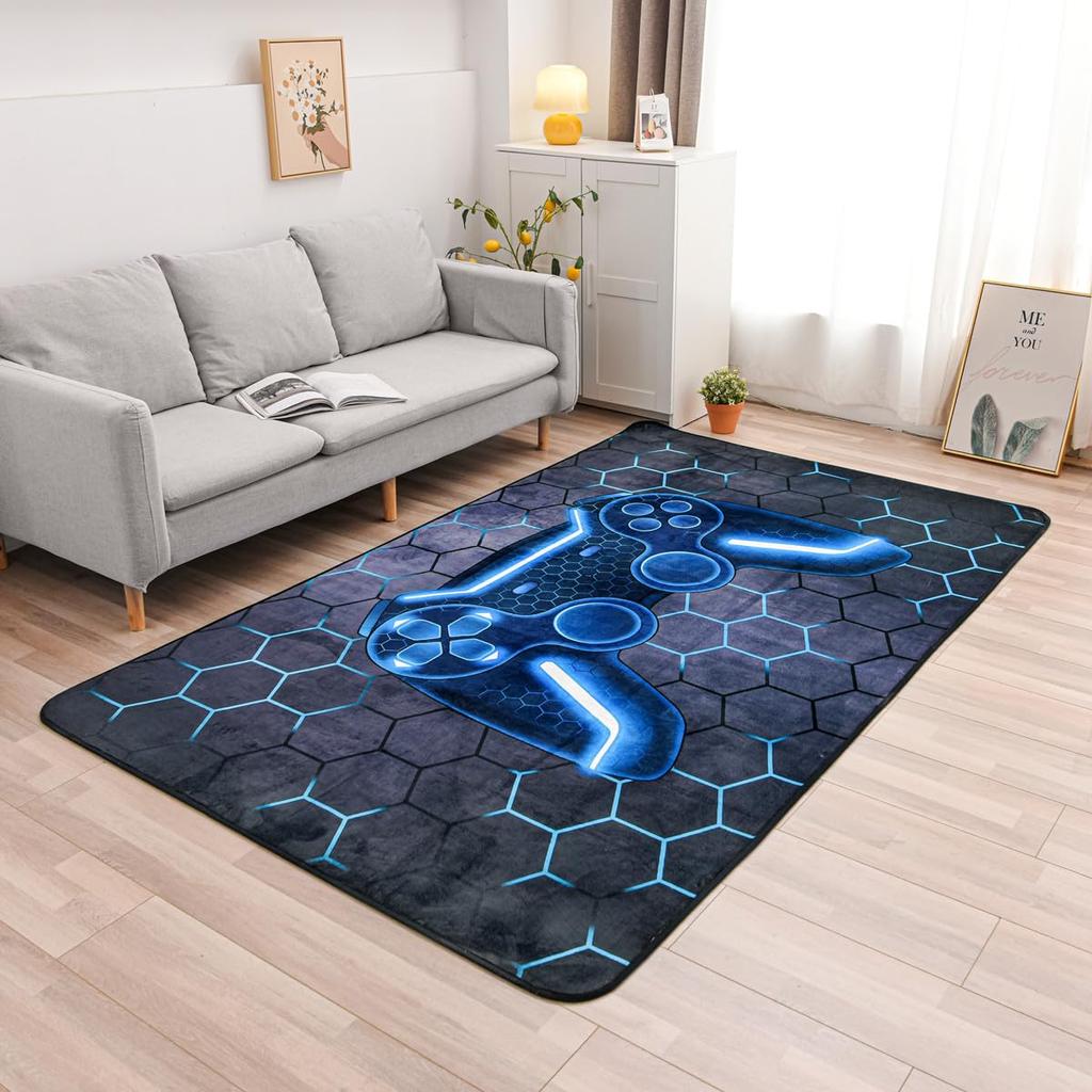 Neon Hexagon Game Controller Rug, Colorful Glowing Geometric Frame Print, Non-Slip Washable Floor Mat for Gaming Room Indoor