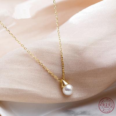 925 Sterling Silber Einfache Perle Dreieck Birne Anhänger Halskette Frauen Hochzeit Kleid Schmuck Zubehör Geburtstag Geschenk