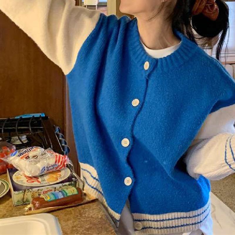 

Crew neck knitted cardigan women s new sweet loose casual contrasting color retro baseball jersey sweater jacket one size fits all