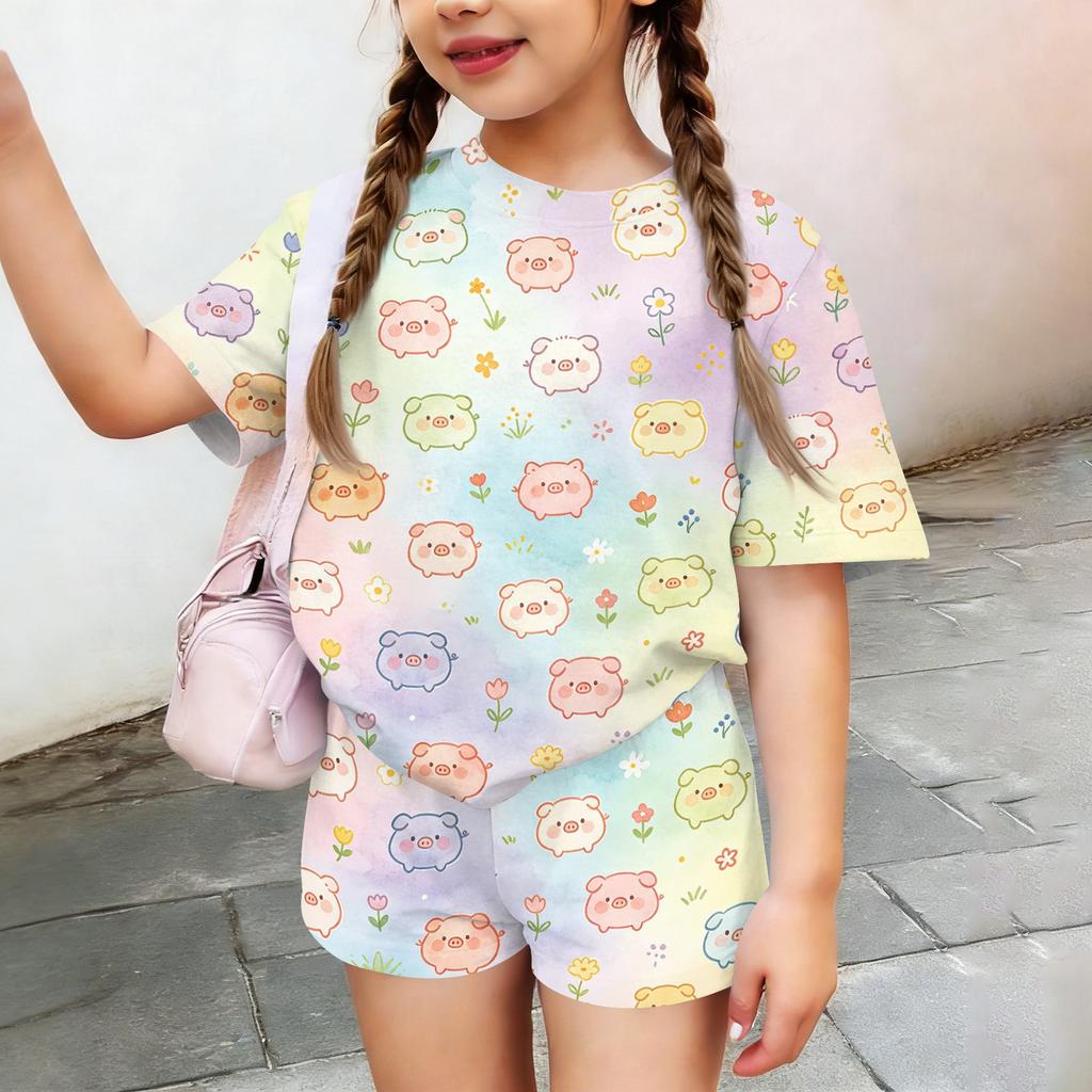 Kids Casual Short Sleeve Shirt and Shorts Set Animal Print Two Piece Outfit Lightweight Comfortable Summer Clothing for Children
