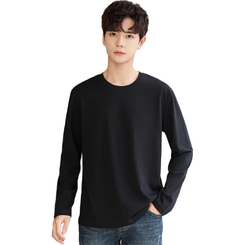 Nanjiren Long-Sleeve T-Shirt for Men, Solid Color Undershirt, Round Neck Loose Fit Pure Cotton Top, Black Long Sleeve, Size L