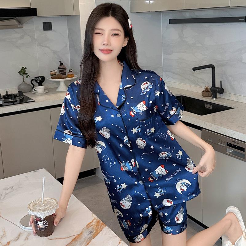 "Travel In Space" Kitty Cat Cute Pajamas Women'S Summer Ice Silk Cool Short-Sleeved Loungewear Set