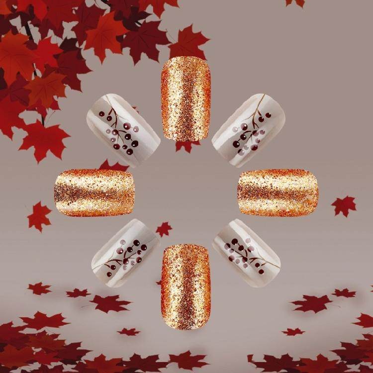 24 Stück Glitzernde Künstliche Nägel Herbst Aufdrücknägel Kurze Falsche Nägel Ahornblätter Vollabdeckung Aufklebenägel