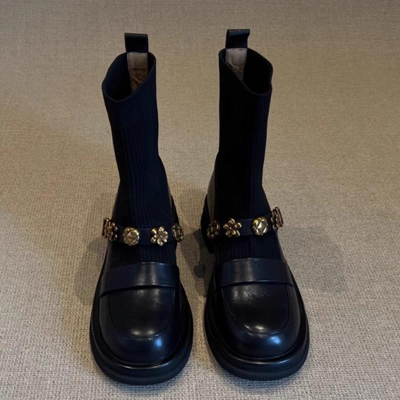 Fashion Flower Women's Ankle Boots Flats Designer Knitting Shoes 2025 Fashion Gothic Boots New Walking Winter Short Sock Mujer Botas