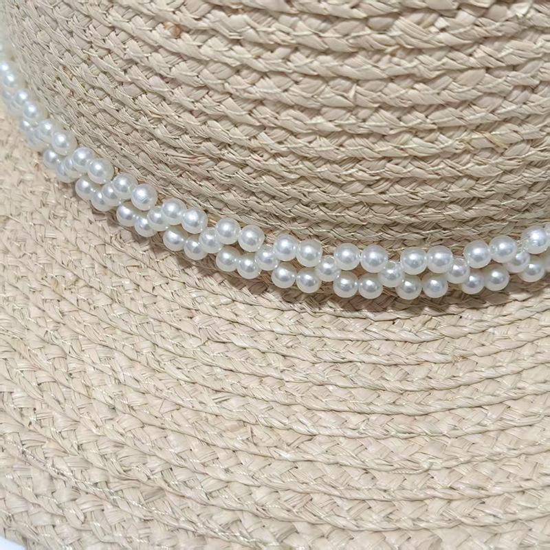 New pearl flat top straw hat women's summer seaside vacation photo sun protection sun hat straw woven sun hat hat