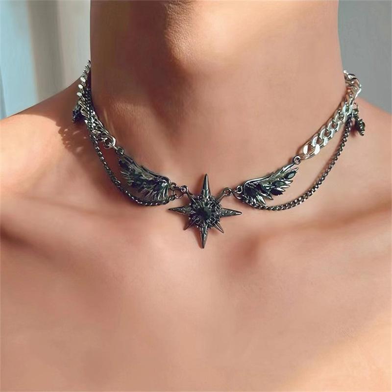 Gothic Demon Wings Black Heart Pendant Necklace For Women Unique Copper Color Star Neck Chain Halloween Zircon Gifts