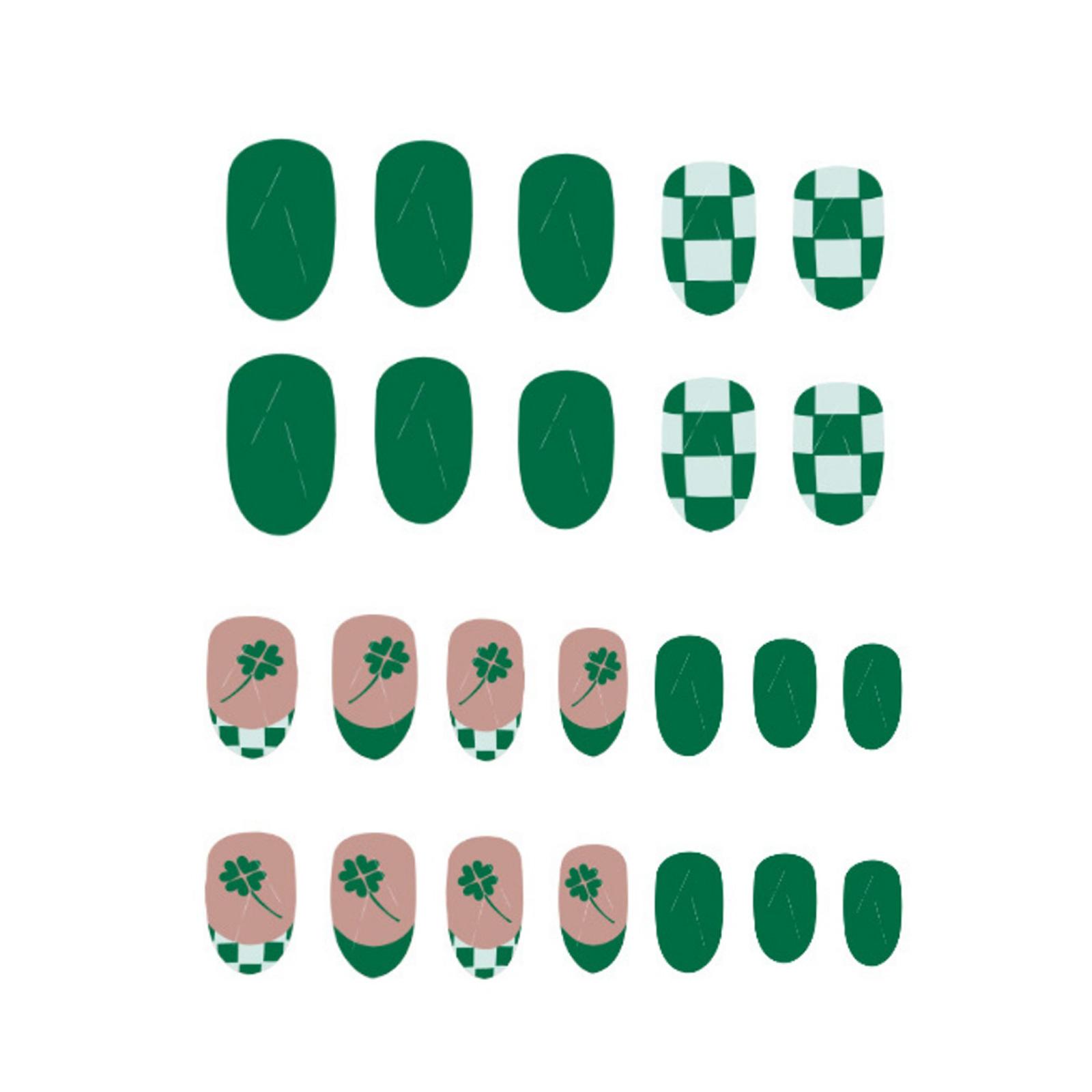 

24 шт. Накладные ногти на День Святого Патрика, короткие миндалевидные, с трилистниками, самоклеящиеся, с французским кончиком, акриловые
