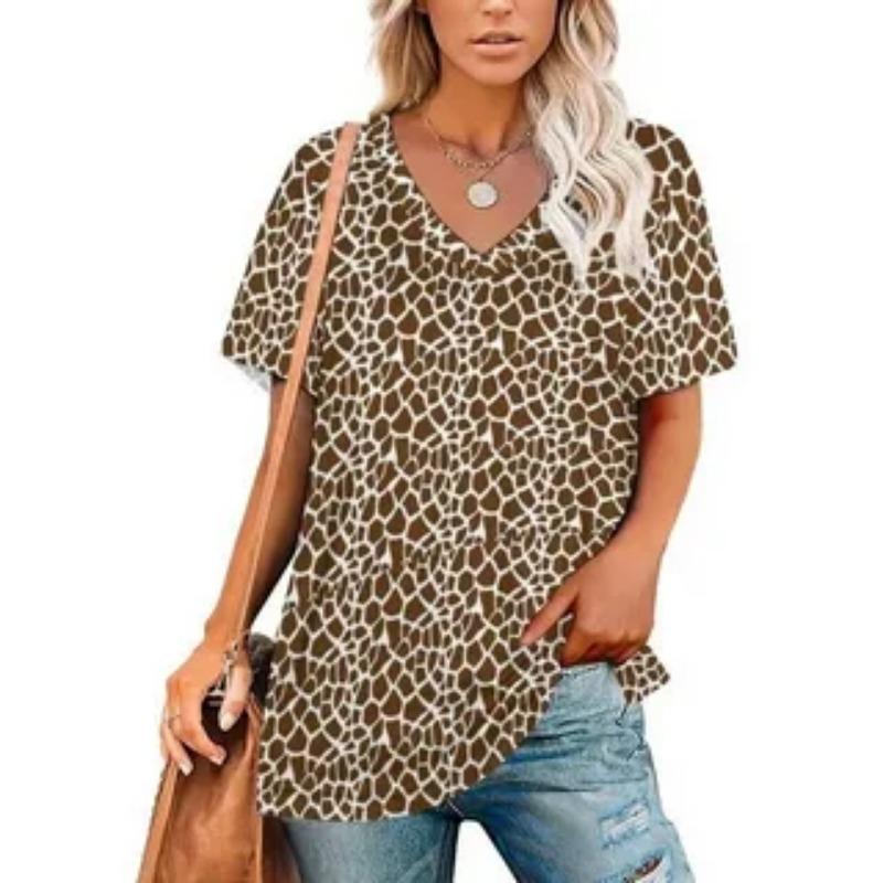 Summer V-neck 3D Leopard Print Pattern Printed Top Fashionable Casual Short Sleeved Women's T-shirts