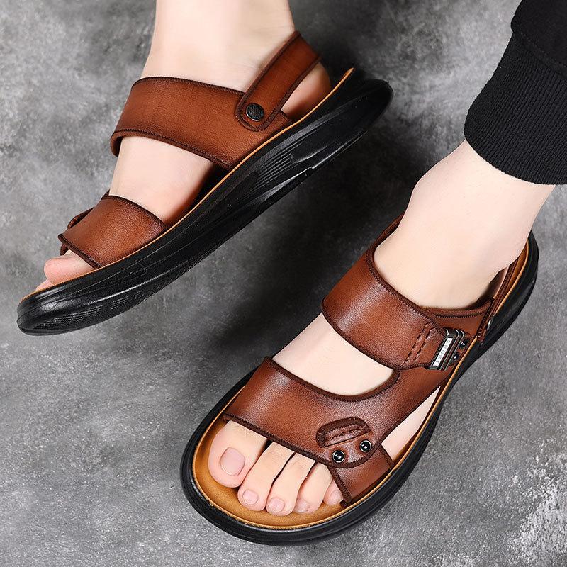 Men's sandals 2025 summer cowhide high-end beach shoes men's casual outer wear leather sandals extra large size 4748