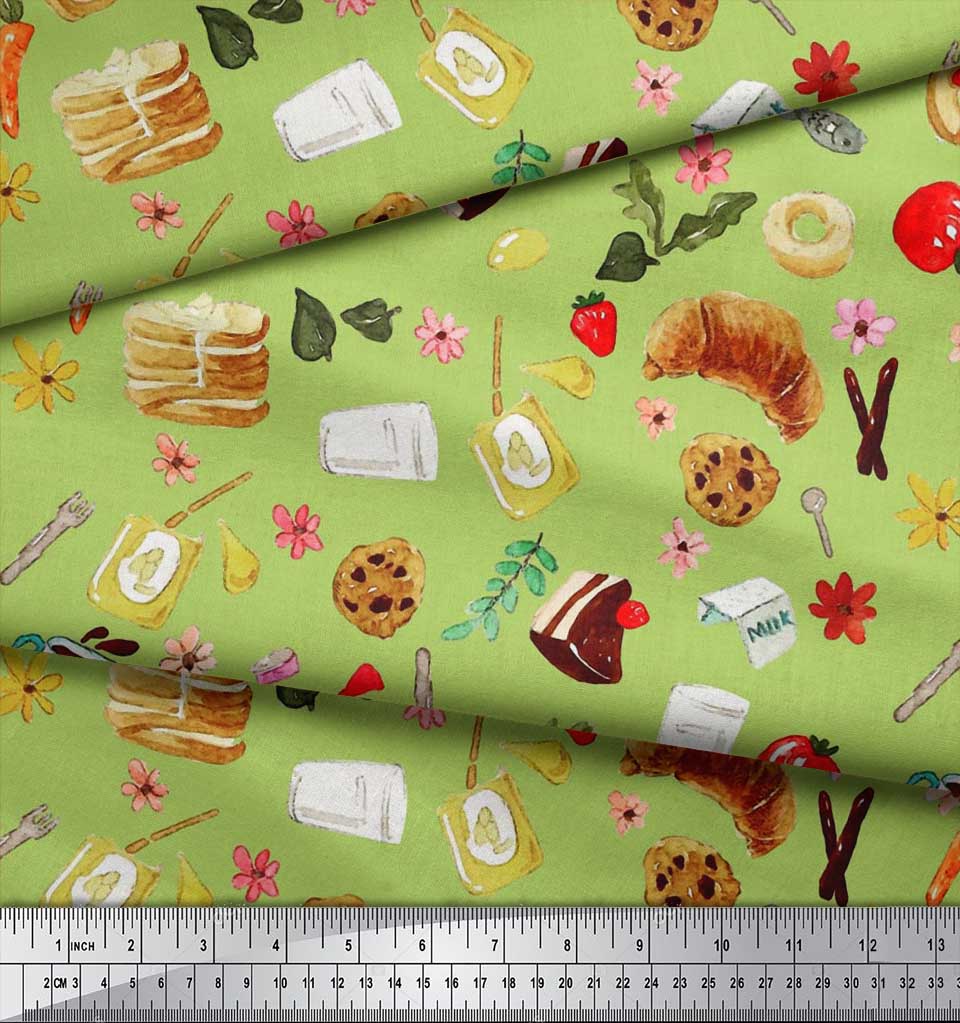 Soimoi Japan Crepe Satin Fabric Fruits,Bread & Donut Food Decor Fabric Printed metre 42 Inch