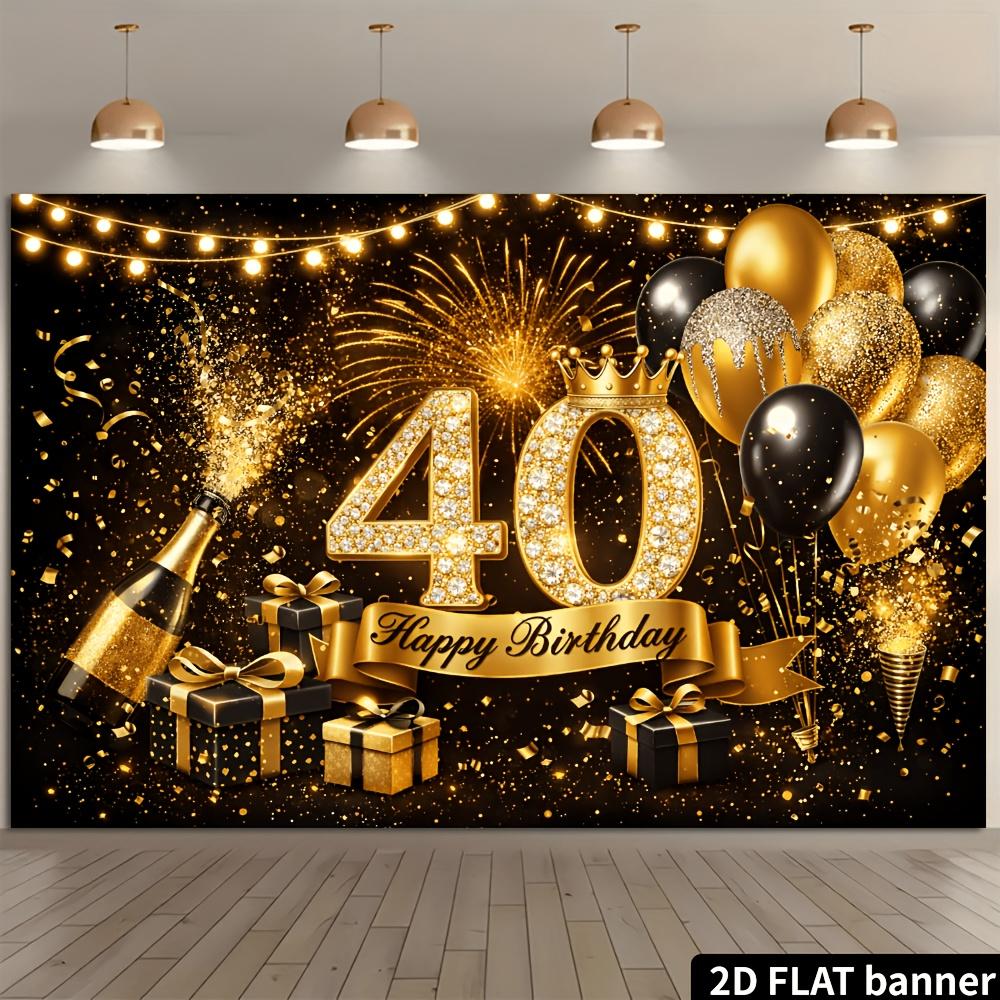 Bannière de fond pour fête d'anniversaire 40 ans - Thème scintillant noir et doré, célébration d'anniversaire en intérieur ou en extérieur