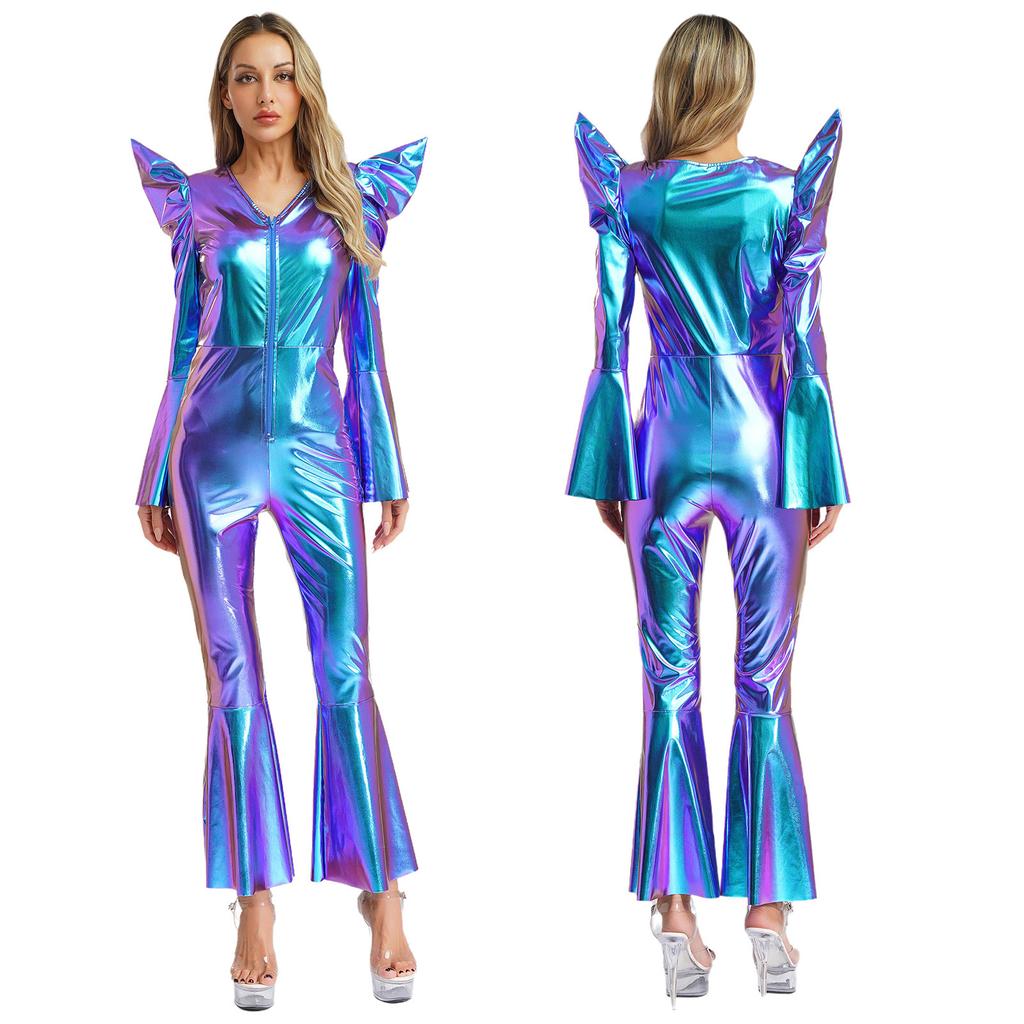 S-3XL Women‘s Disco Jumpsuit Halloween Costume: Shiny Metallic Long Sleeve High Waist Romper with Bell Bottoms & Front Zip