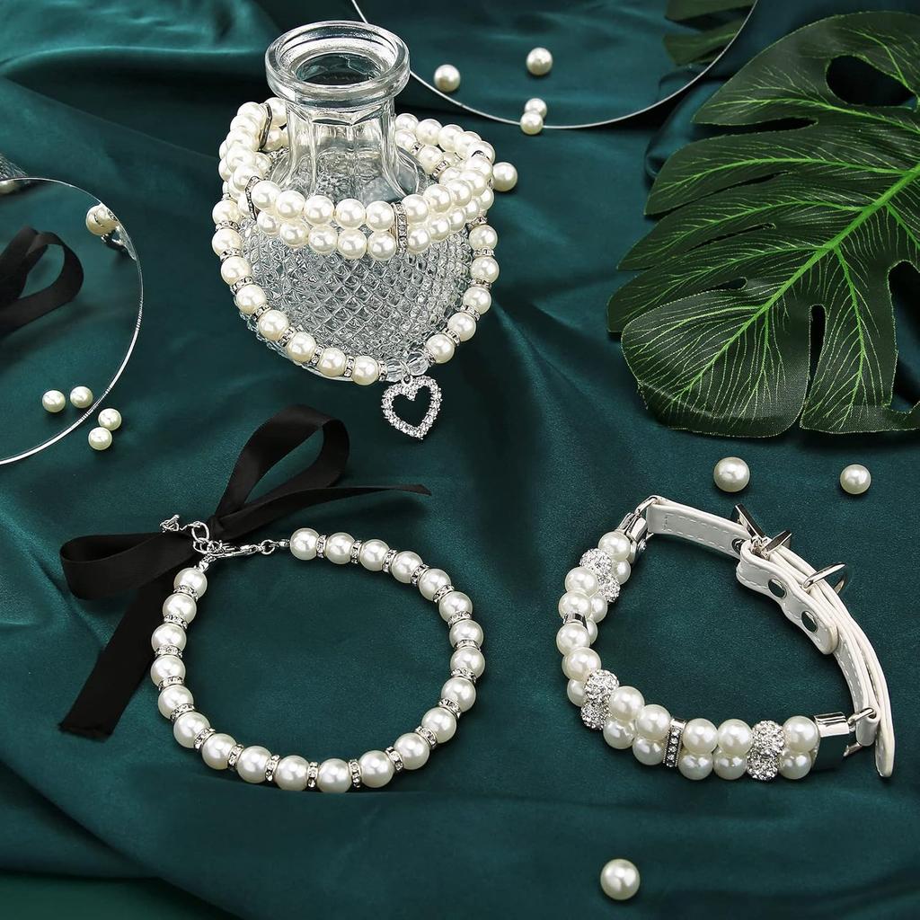 4 Pieces Dog Pearl Collars Pet Pearl Necklace Set Cat Pearl Neck Strap Crystal Rhinestones Pearls Charms for Small Dogs Cats Wedding Birthday Party