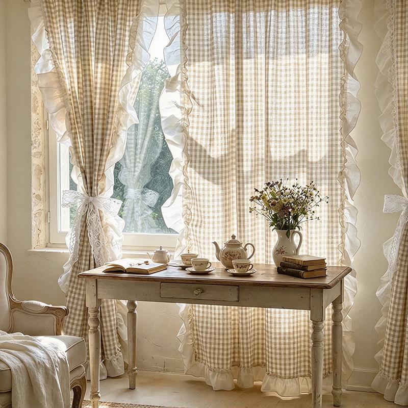 1 Stuk Franse Retro Khaki Geruite Stof Gordijn met Witte Ruche Kant Voor Woonkamer Slaapkamer Boerderij Homestay Huis Decoratie W140 x H90cm 1Piece&Rod Pocket&1 panel