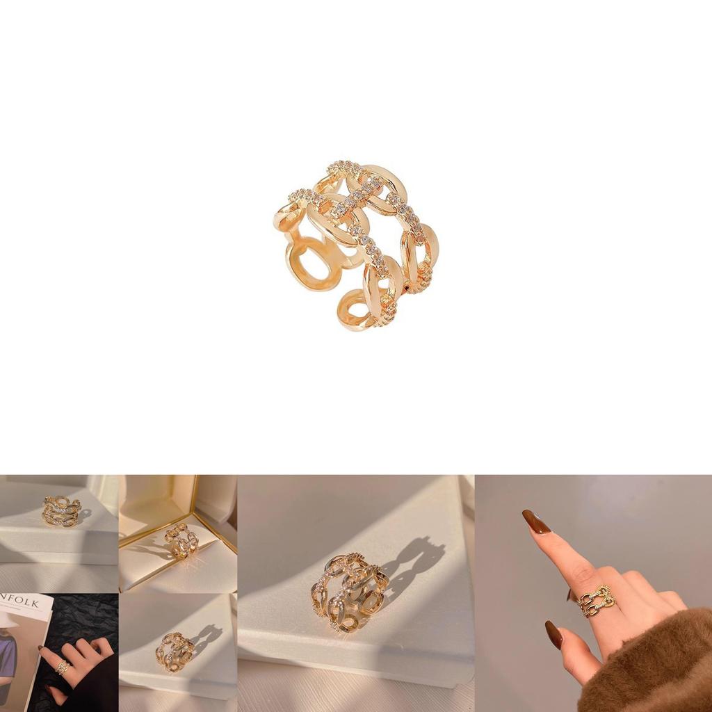 Elegant Adjustable Copper Ring With Geometric Design And Sparkling Zirconia For Women