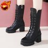 Elegant Heeled Lace-up Fleece-Lined Autumn Winter Half High Boots for Women Black Leather 2025 New Goth Y2k Mid Calf Shoes Woman