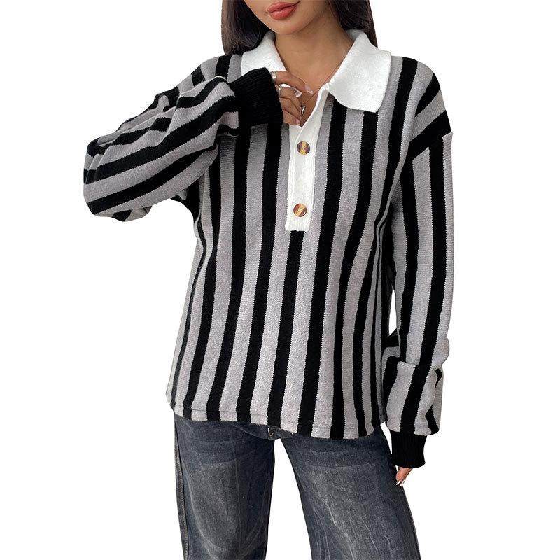 2025 Autumn/Winter Women's Retro Striped Knit Sweater with Lapel