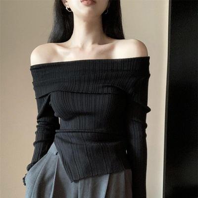 Korean Chic Pullover Sweet Knitted Tops Women New Elegant Slim Off Shoulder Long Sleeve Pullover Female Autumn Irregulate Ladies Casual Solid Clothes