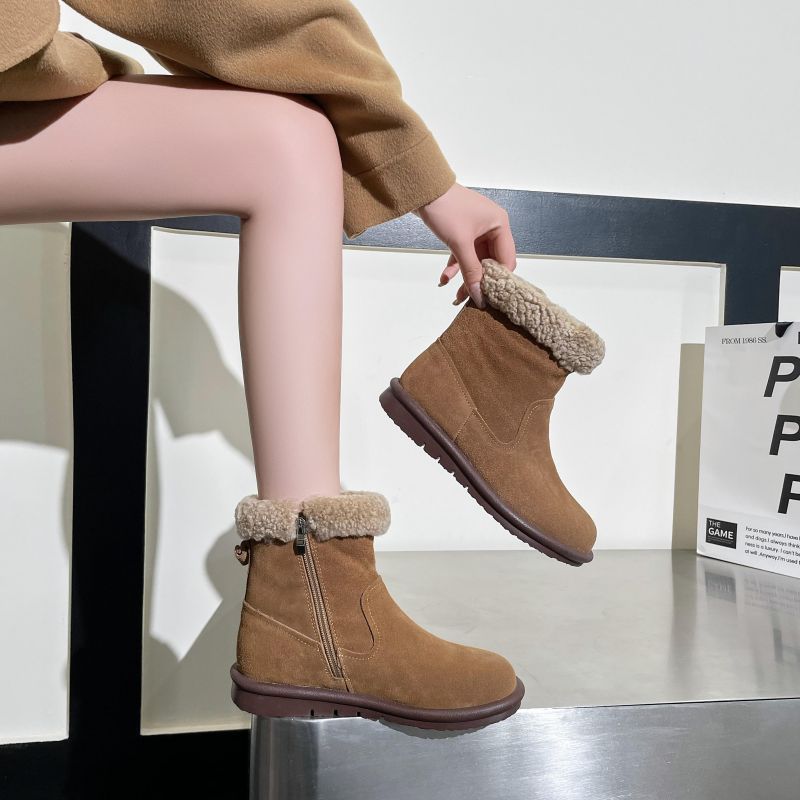 Leather Snow Boots Wool Mouth Short Boots Women's Autumn and Winter Fleece Cotton Boots Side Zipper Retro Flat Boots