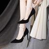 2025 new suede black high heels women's pearl non-slip stiletto pointed high-end one-word buckle fairy single shoes