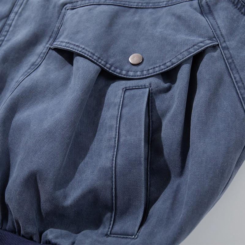 Mens Washed Vintage Canvas Workwear Jacket Loose Fit Stand Collar With Large Patch Pockets Streetwear