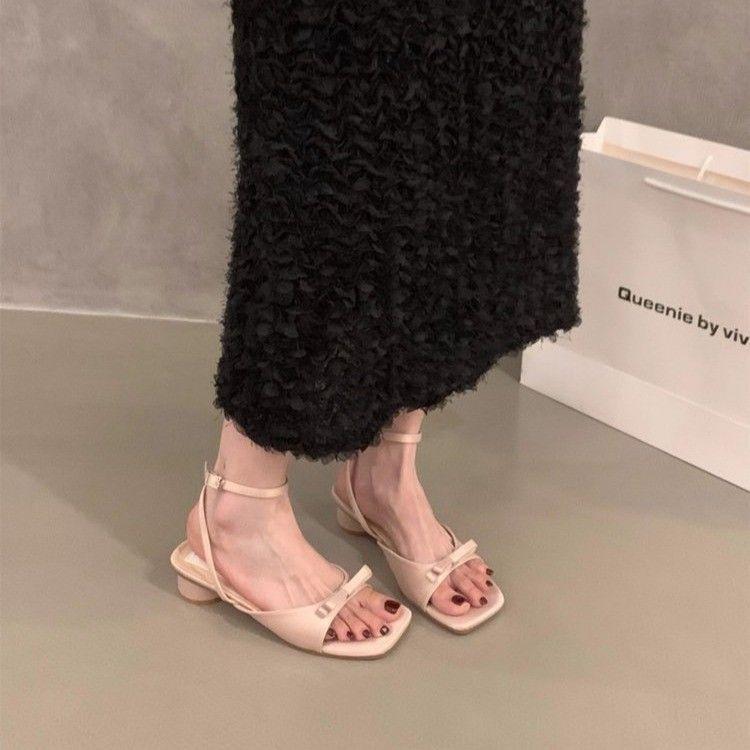 French Thick Heel Thin Strap Sandals Women'S Summer Skirt One Word With Bow Open Toe Silver Cool Slippers