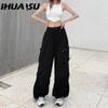 IHUASU Women Hip Hop Cargo Pants Baggy Solid Color Elastic Waist Trousers Loose Breathable Female Pants