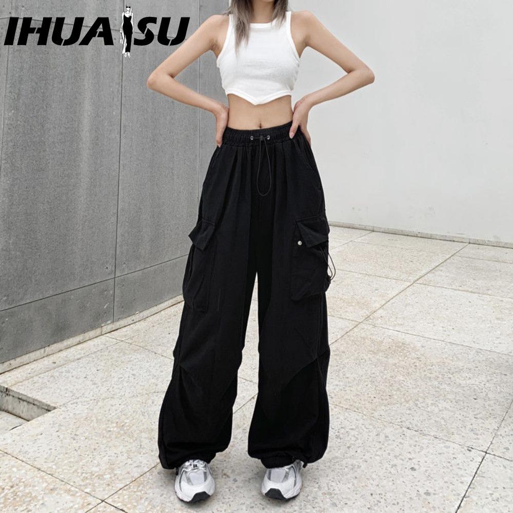 IHUASU Women Hip Hop Cargo Pants Baggy Solid Color Elastic Waist Trousers Loose Breathable Female Pants