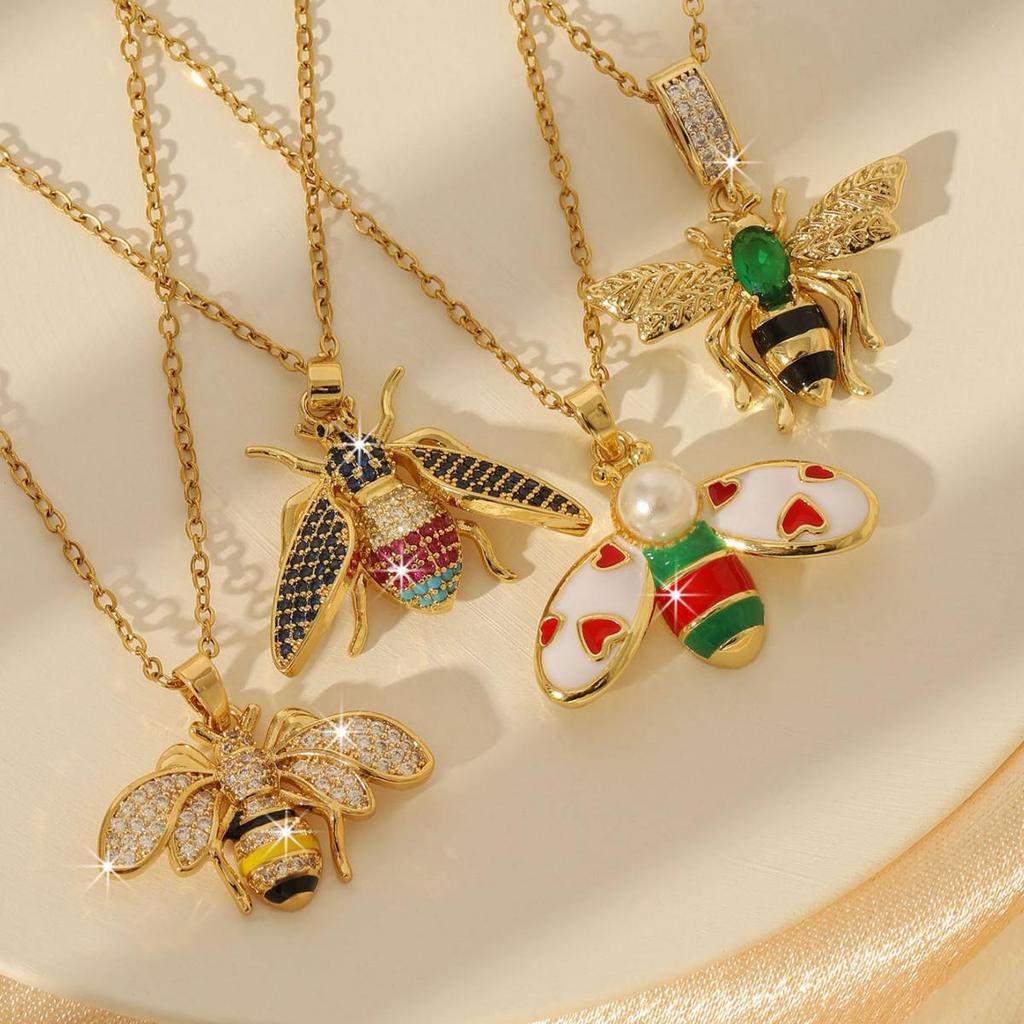 18K Gold Titanium Steel Bee Necklace with Zircon Inlays for Women - European & American Style