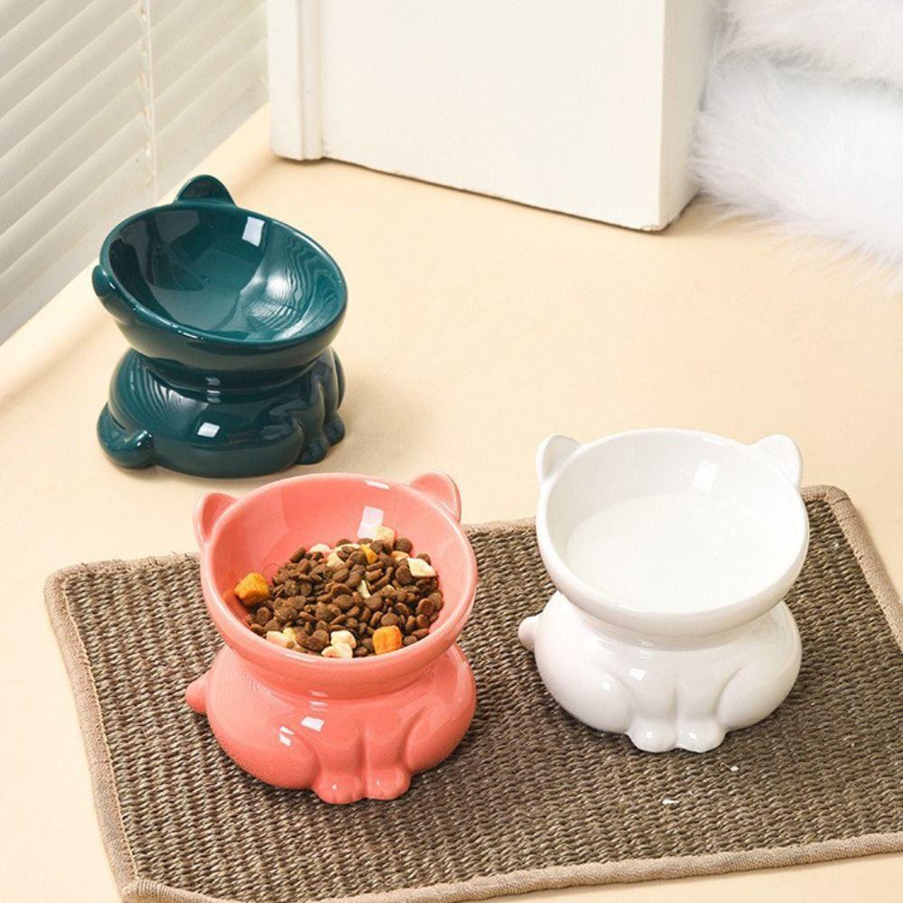 Ceramic Cat Bowl Cute Creative Pet High Foot Bowl Anti Tipping Slanted Mouth Dog Food Feeding Basin Neck Protection