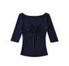 Deep V-Neck Kink Medium Sleeve T-Shirt Women's Summer New American Spice Girl Style Solid Color Slim Skinny Bottom Top