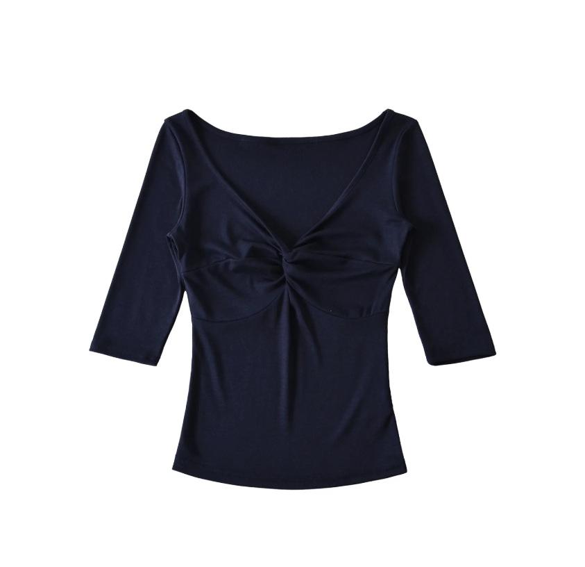 Deep V-Neck Kink Medium Sleeve T-Shirt Women's Summer New American Spice Girl Style Solid Color Slim Skinny Bottom Top