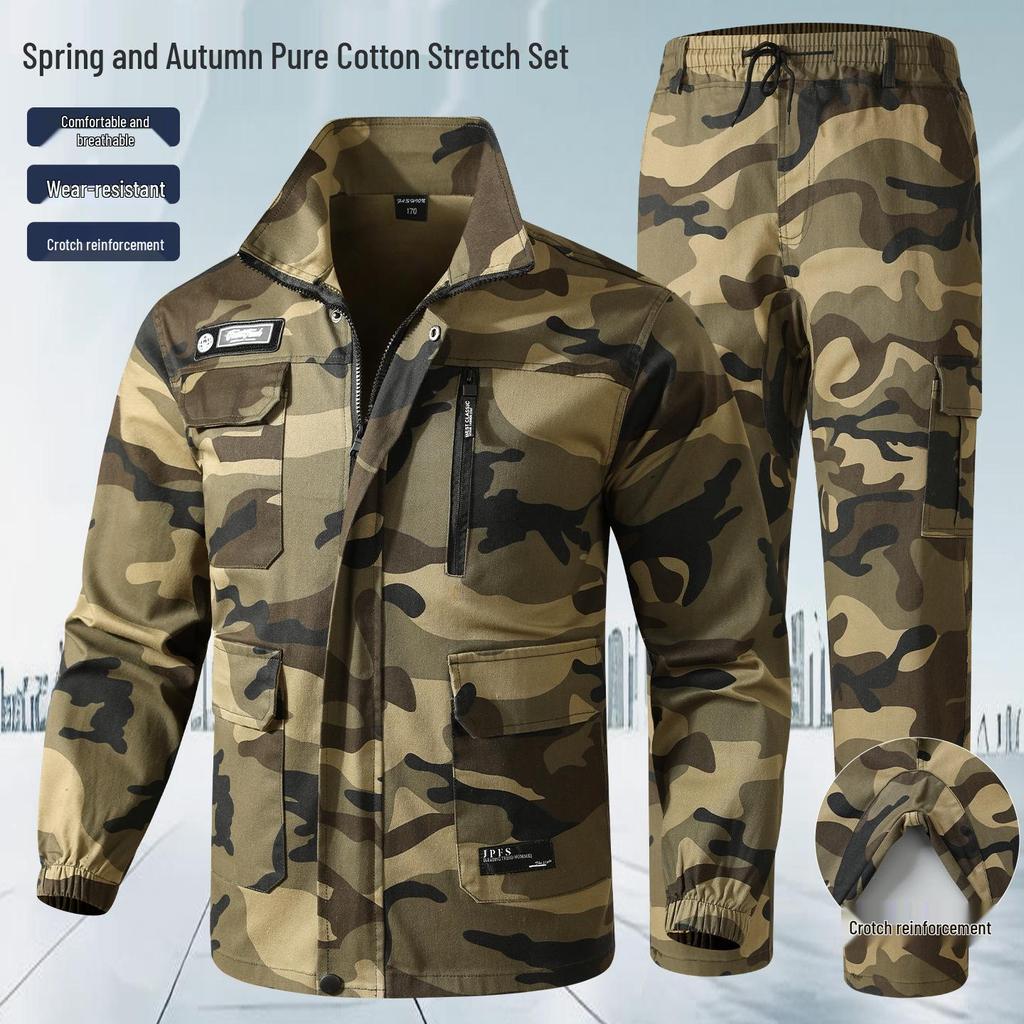 Unisex Spring/Autumn Camouflage Workwear Suit - Elastic, Anti-scalding, Wear-resistant Cotton for Welders and Auto Repair