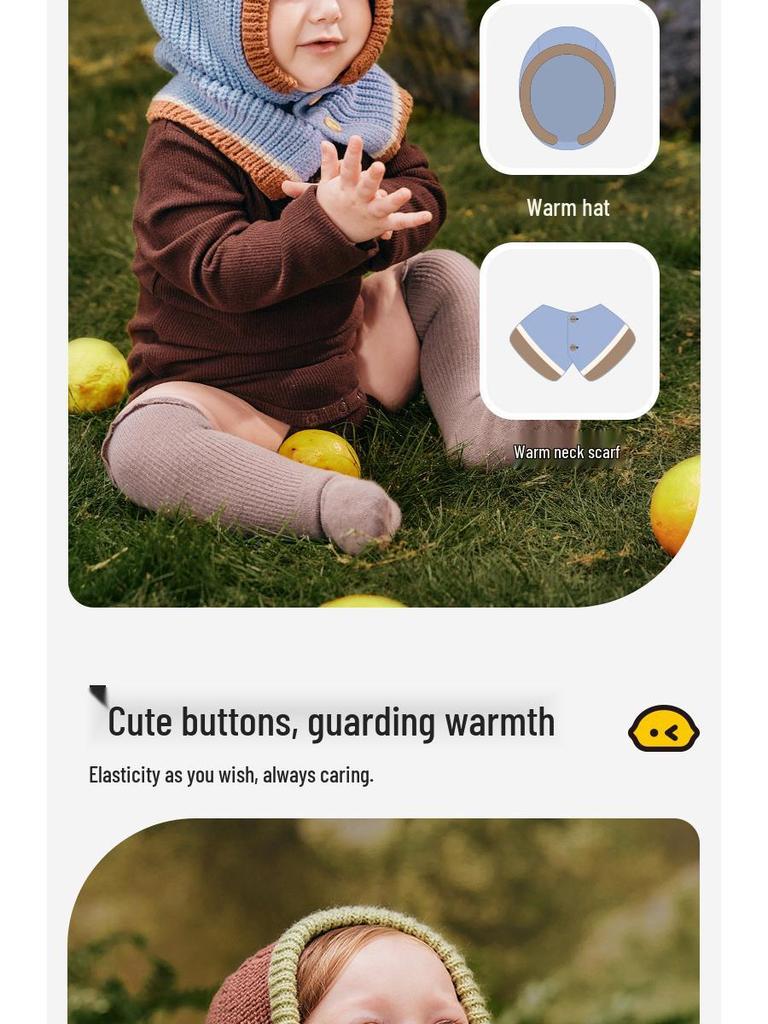 Lemon Baby Wool Knit Hat & Shawl Set - Warm, Windproof Autumn/Winter Infant Cap
