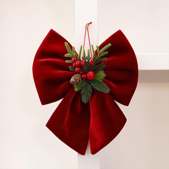 Velvet Ribbon for Christmas Wreaths Bow, Burgundy Red Hanging Bow Ornament with Versatile Garland Decorations Berries Pine Cones Holiday Tree