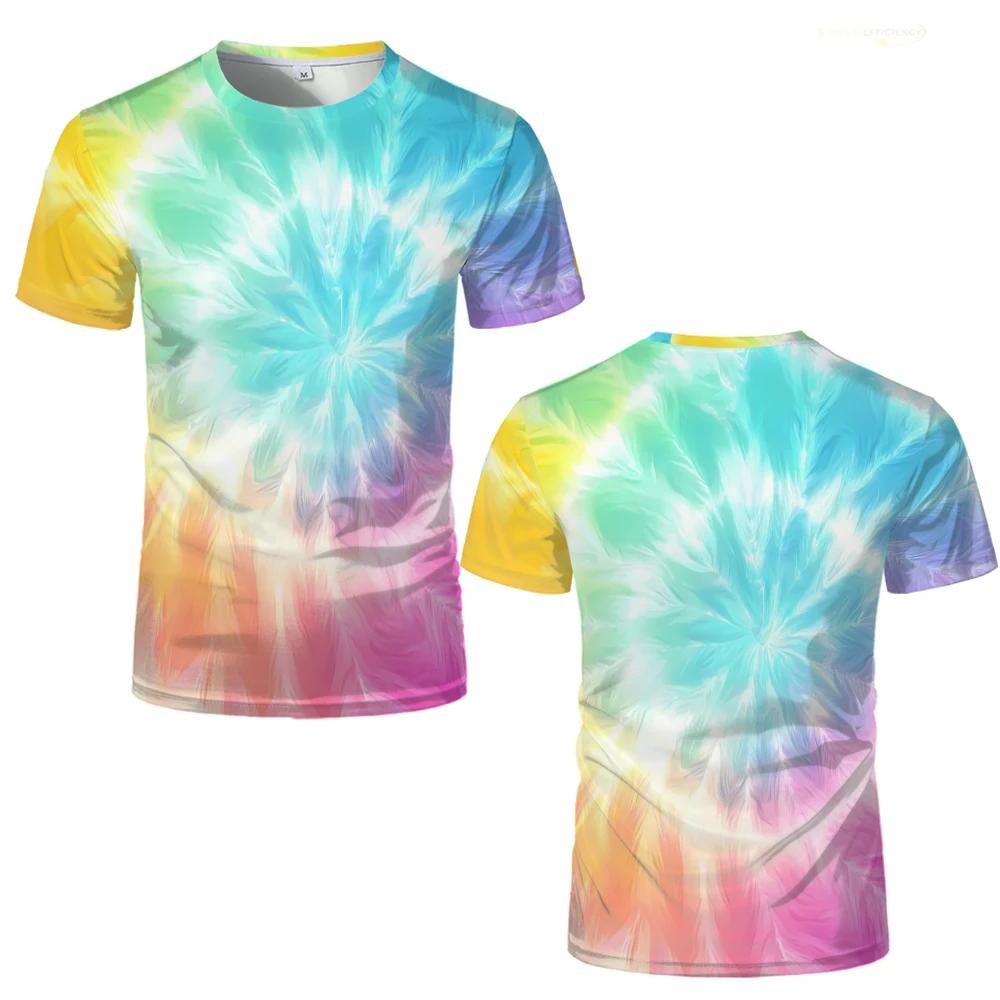Barevná trička Tie-dye s 3D potiskem Osobnost Kreativní vzor Pánská ležérní trička s kulatým výstřihem Letní prodyšná trička s krátkým rukávem