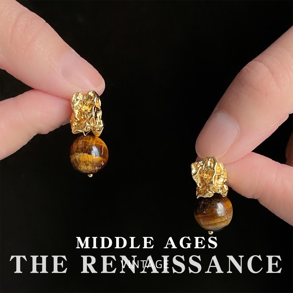 Серьги в средневековом стиле с жидким иррегулярным камнем тигровый глаз, ретро, легкая роскошь, серьги в стиле Майяр