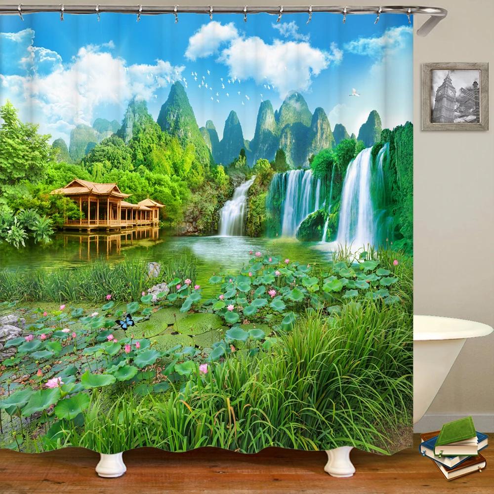 Nature Forest Waterfall 3D Shower Curtain landscape Bathroom Curtains Waterproof Fabric With Hooks Home Decoration Bath Curtain