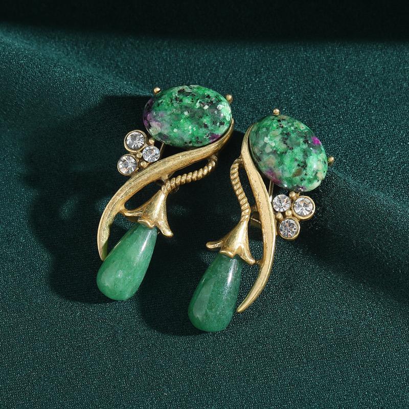Antique Jewelry Moss Green Natural Stone Long Water Drop Earrings Flower Rhinestones Vintage Luxury for Women New Arrival 2025