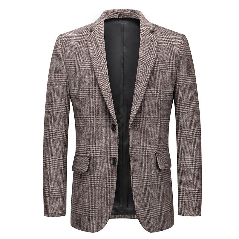 Autumn and Winter Men's Suit Fashion Thousand Bird Plaid Woolen Suit Men's Jacket Casual Non-ironing and Anti-wrinkle Small Suit