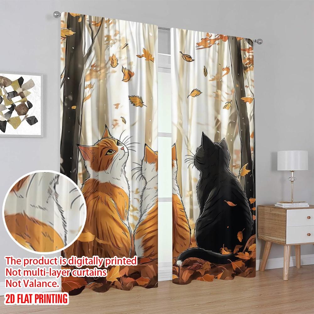 Plane Printing Popular Curtain Panels Autumn Cat Trio Versatile Durable Polyester Without Rod Gifts Perfect Curtains Set Of 2 Made