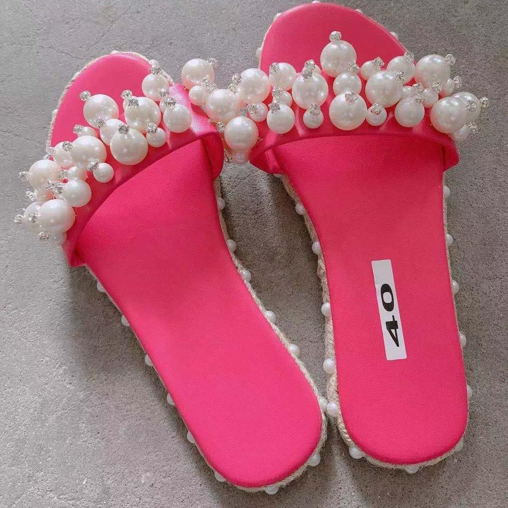 Evropa, Amerika 2021 léto nové jednoslovné nazouvací perlové módní sandály ploché boty velké velikosti lehké ležérní všestranné